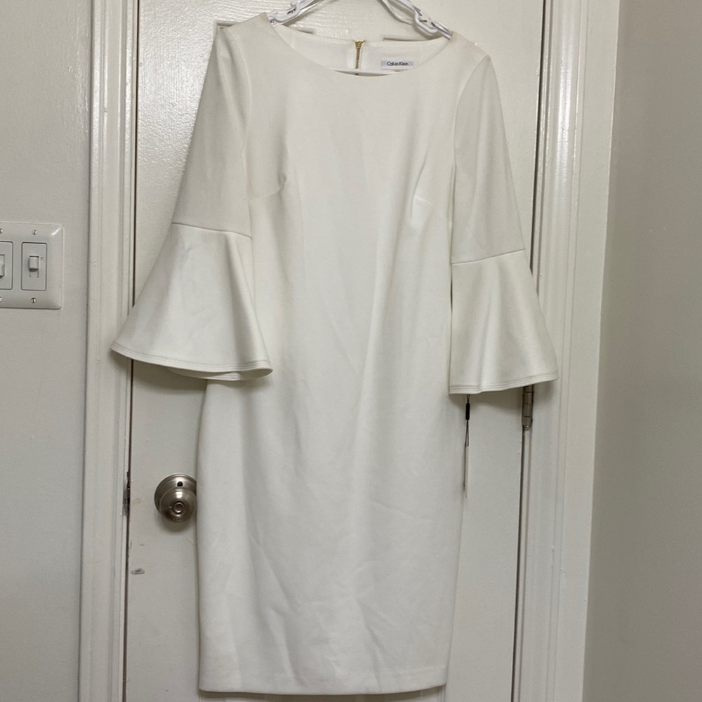 NWT Calvin Klein White Flair Sleeve Dress